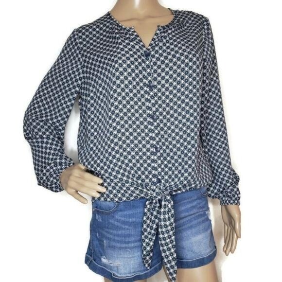 Giuliana geometric Button-Front Long Sleeve Blouse W/ Tie Waist navy and white S - Picture 5 of 9